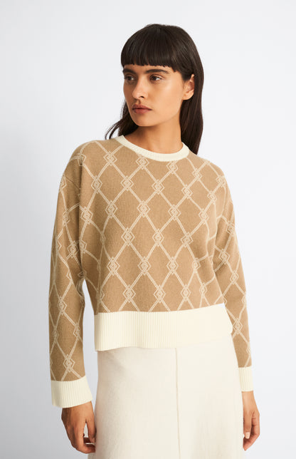 Pringle of Scotland Cashmere Blend Monogram Jumper in Camel / Cream on model