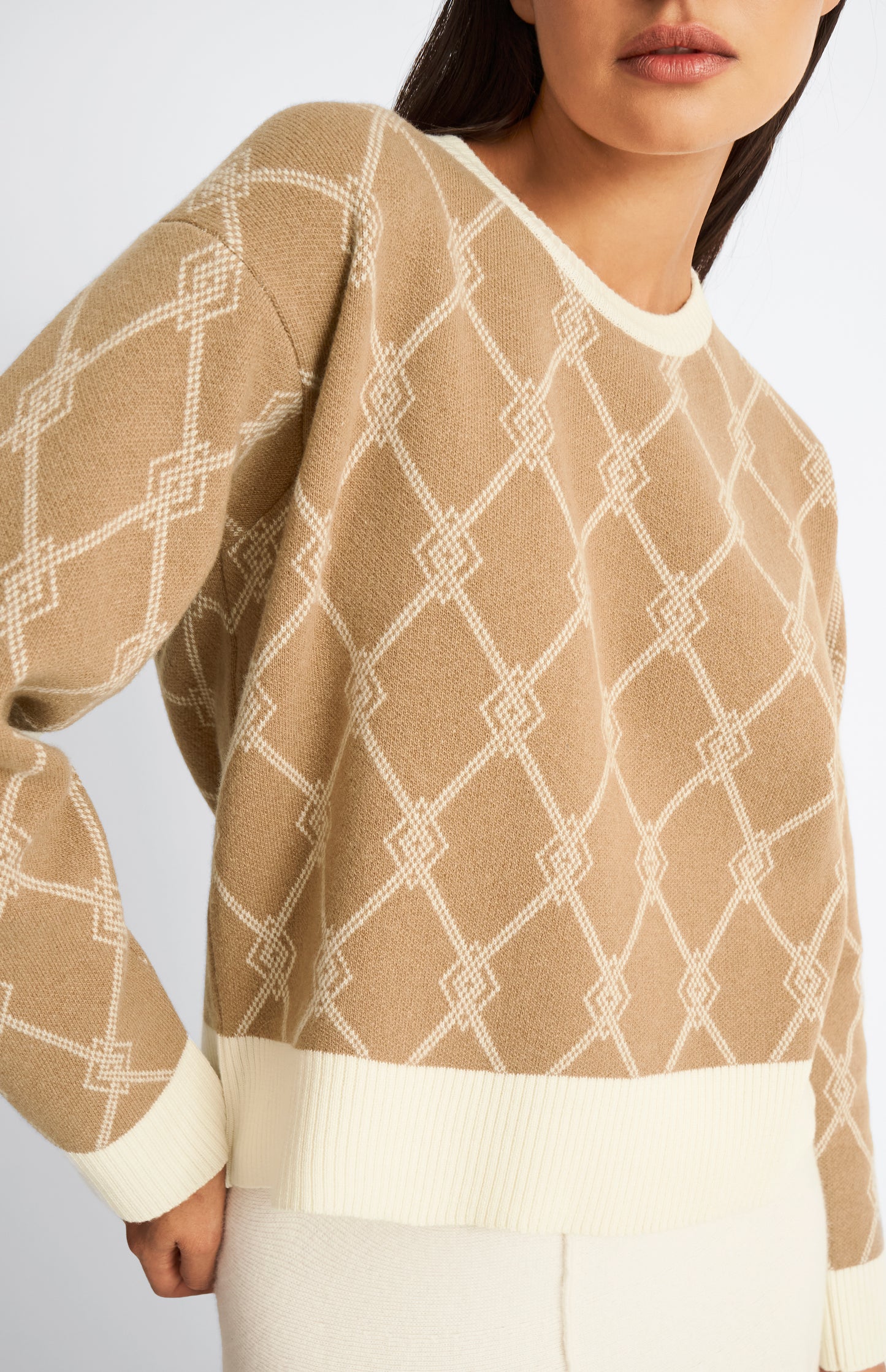 Pringle of Scotland Cashmere Blend Monogram Jumper in Camel / Cream showing monogram detail