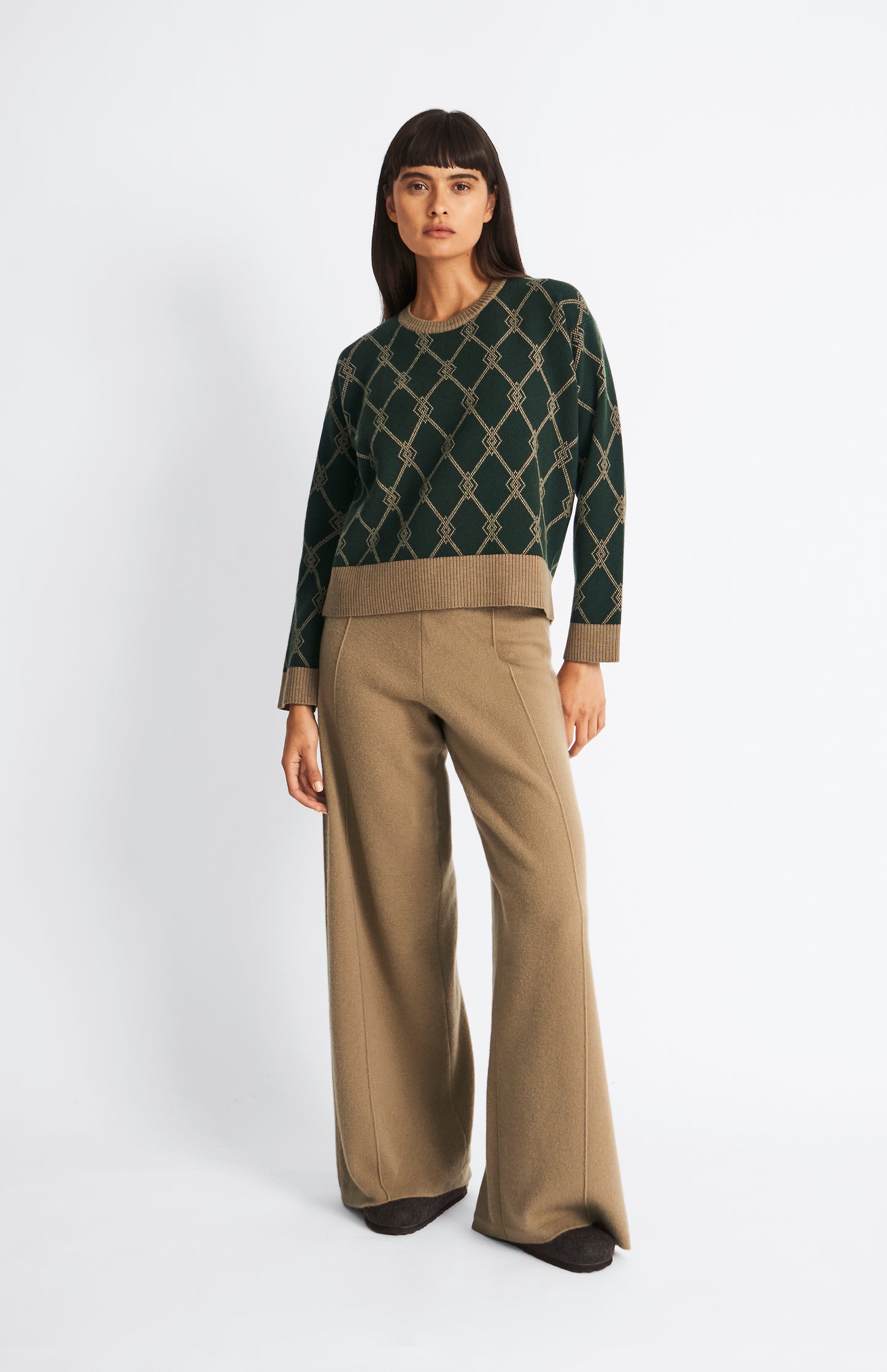 Pringle Cashmere Blend Monogram Jumper in Moss Green & Camel on model full length