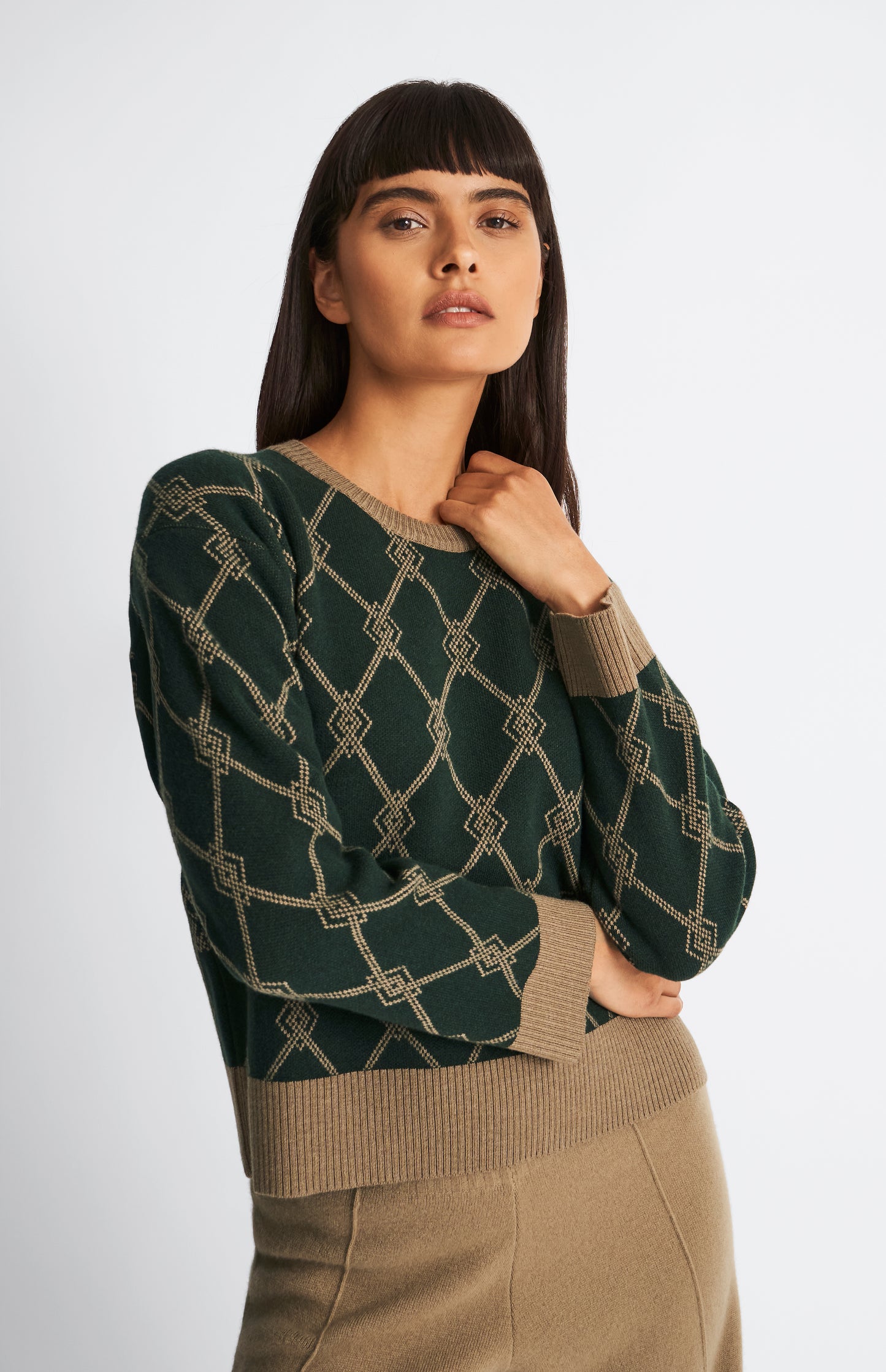 Pringle Cashmere Blend Monogram Jumper in Moss Green & Camel on model