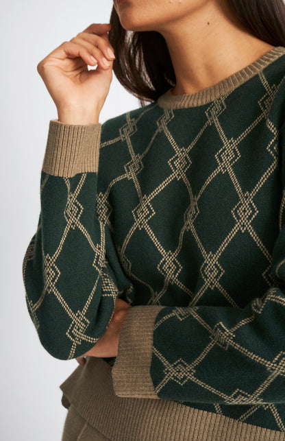 Pringle Cashmere Blend Monogram Jumper in Moss Green & Camel showing monogram detail