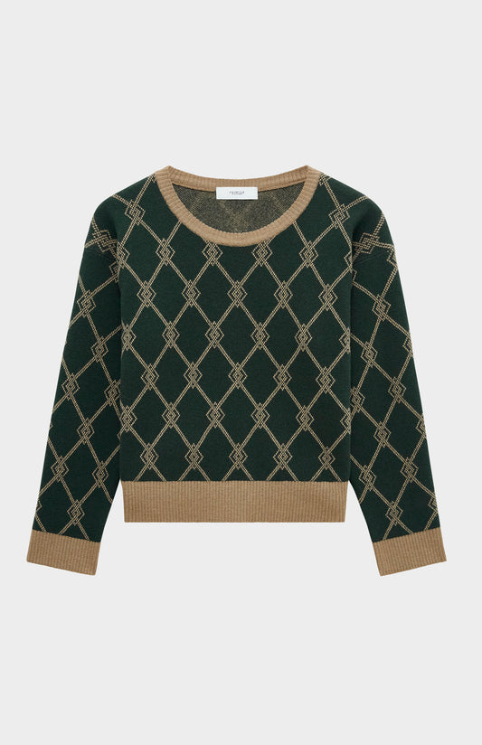 Pringle Cashmere Blend Monogram Jumper in Moss Green & Camel flat shot