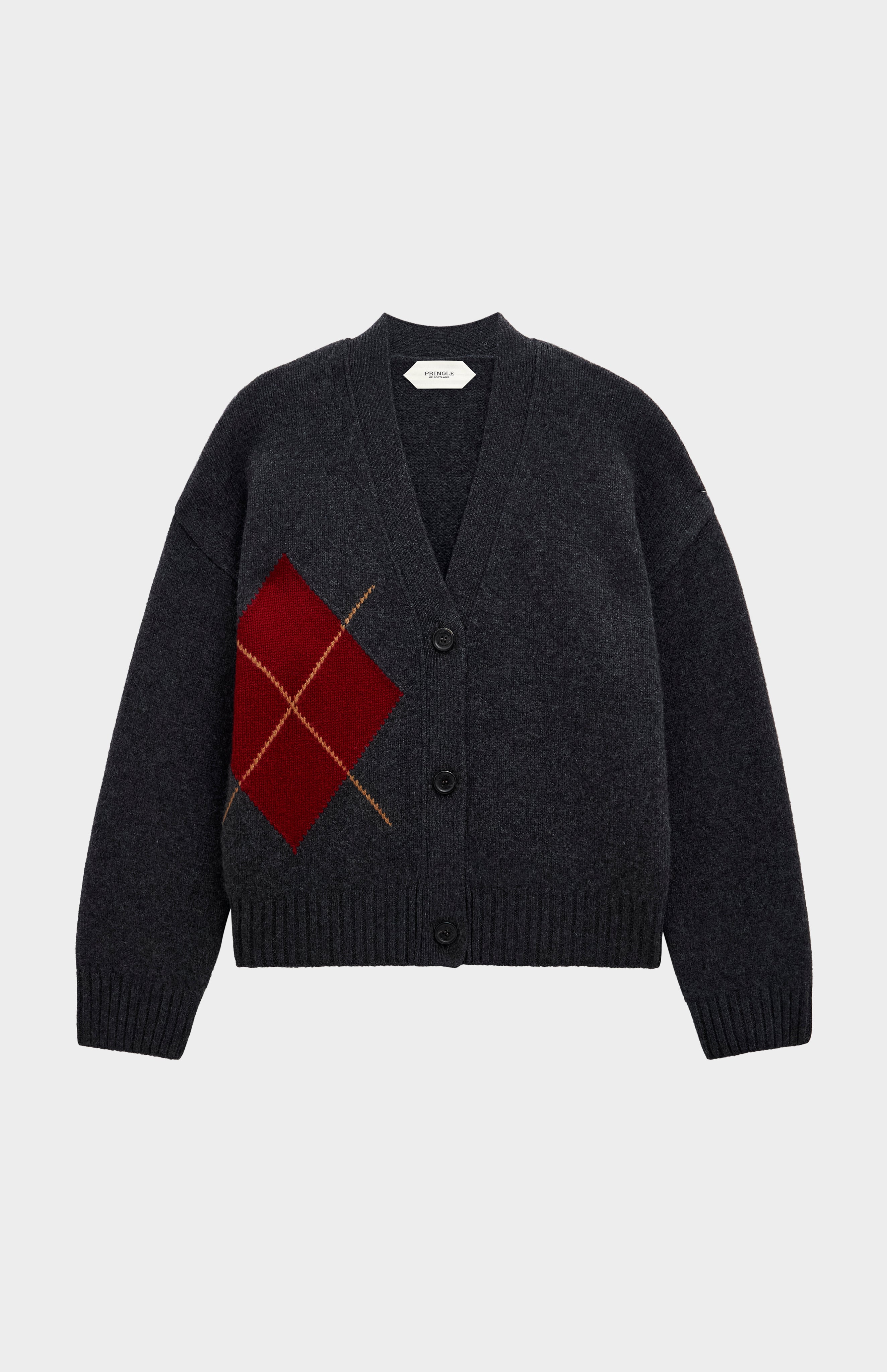 Pringle Women's Cashmere Argyle Cardigan In Charcoal and Red