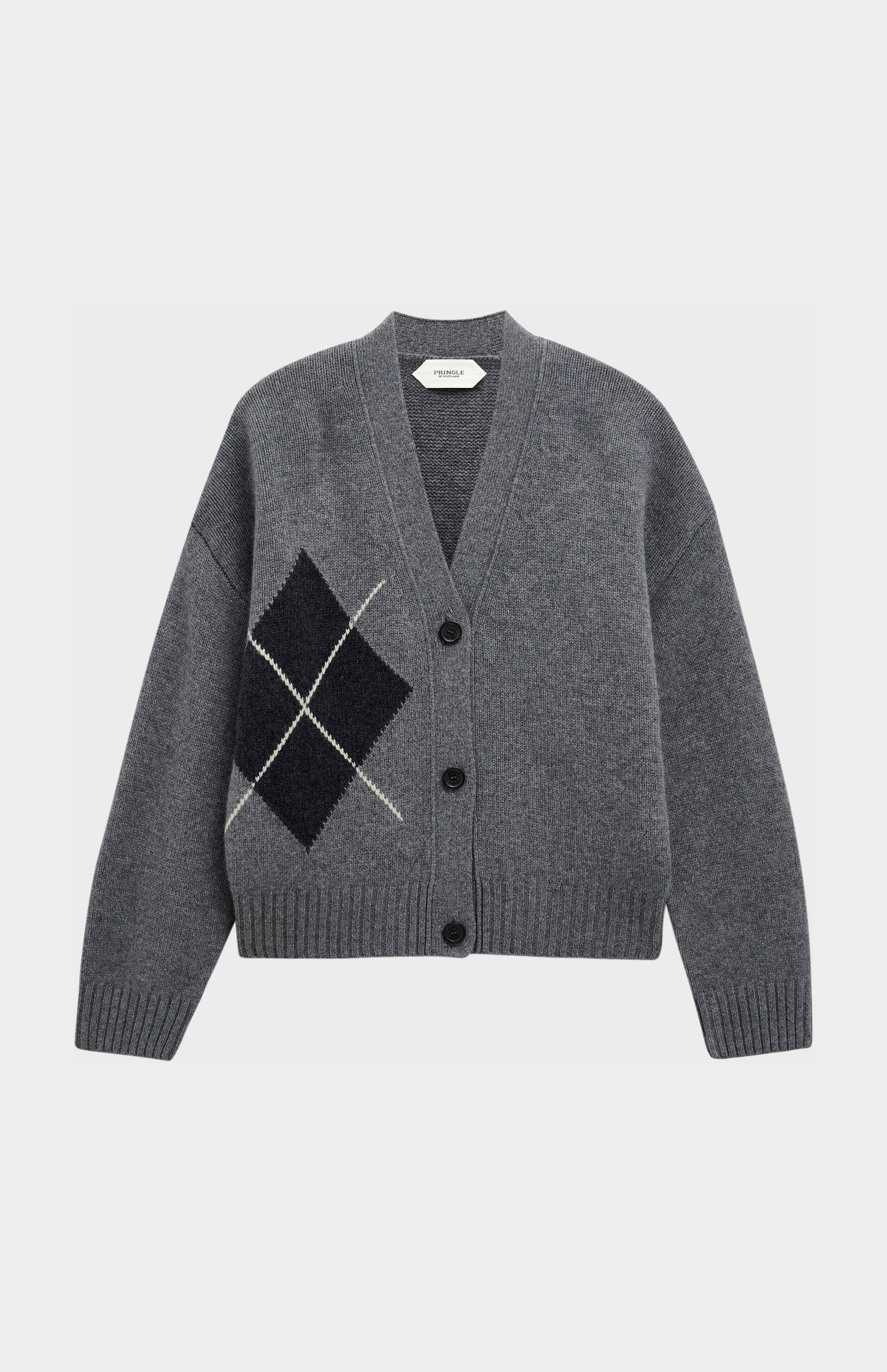 Women's Chunky Argyle Cashmere Cardigan in Grey and Charcoal