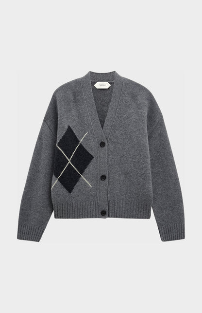 Women's Chunky Argyle Cashmere Cardigan in Grey and Charcoal