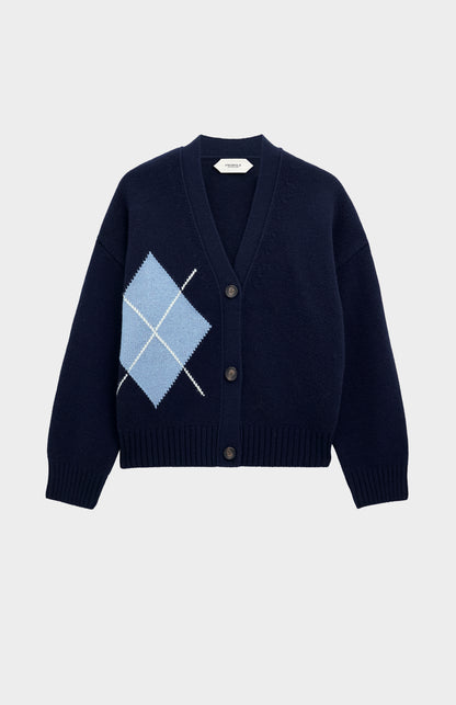 Women's Chunky Argyle Cashmere Cardigan in Navy Blue and Sky Blue
