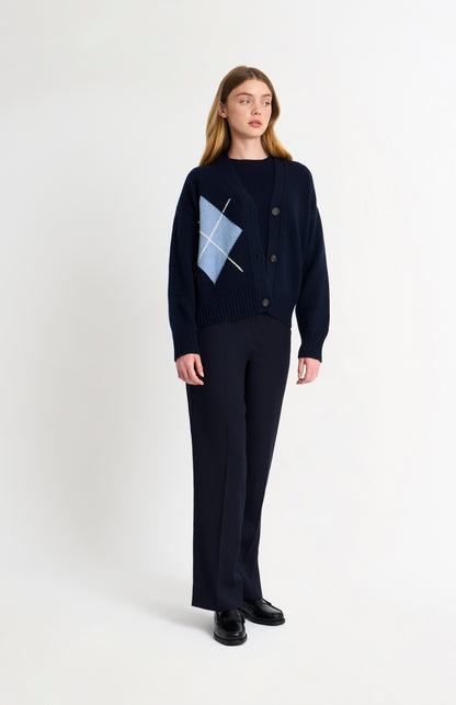 Women's Chunky Argyle Cashmere Cardigan in Navy Blue and Sky Blue