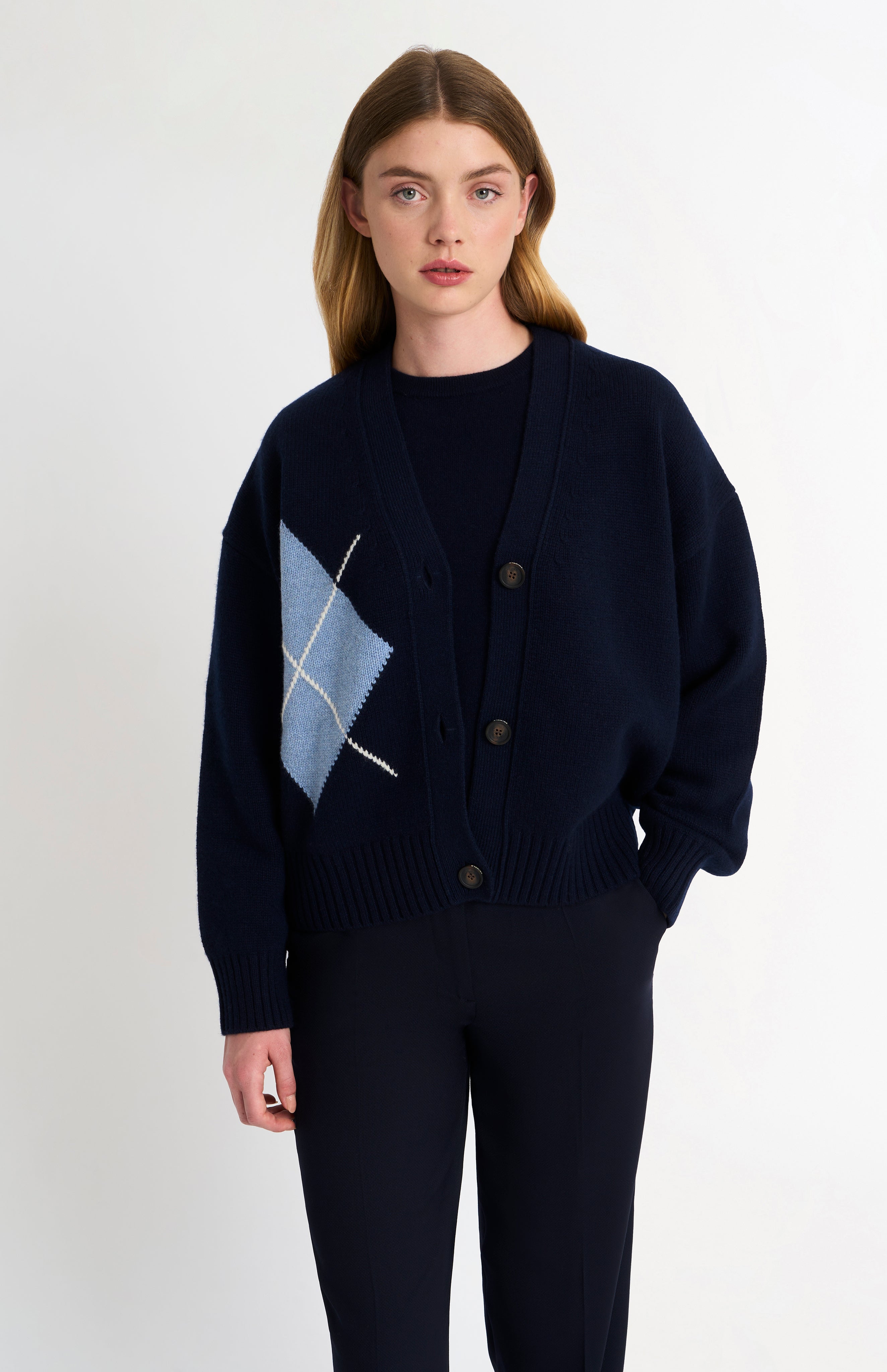 Pringle Women's Cashmere Argyle Cardigan In Navy Blue & Sky Blue
