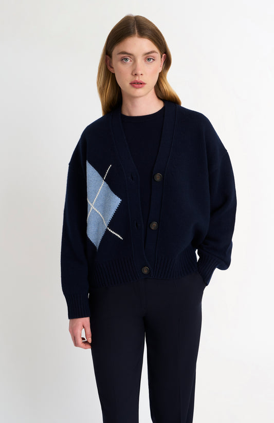 Women's Chunky Argyle Cashmere Cardigan in Navy Blue and Sky Blue