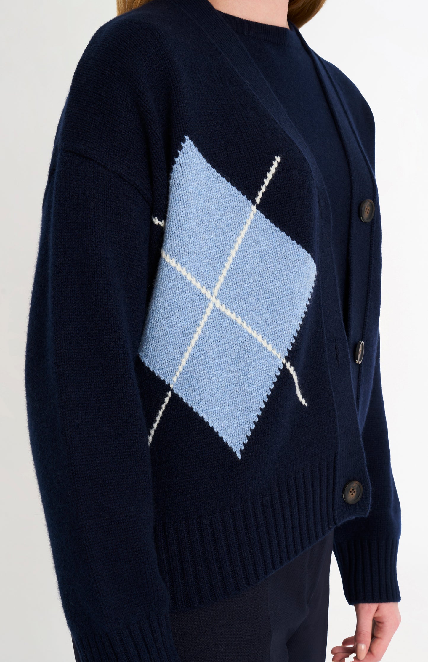 Women's Chunky Argyle Cashmere Cardigan in Navy Blue and Sky Blue