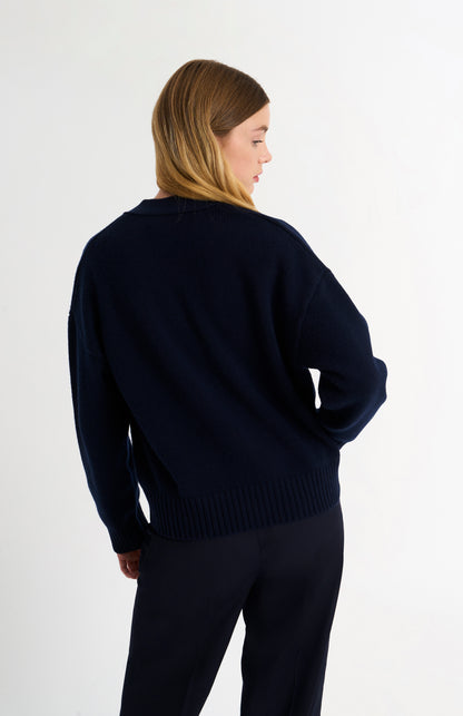 Women's Chunky Argyle Cashmere Cardigan in Navy Blue and Sky Blue