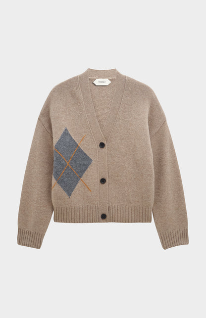 Women's Chunky Argyle Cashmere Cardigan in Mushroom And Grey