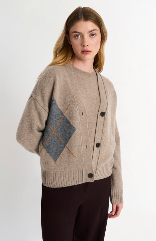 Women's Chunky Argyle Cashmere Cardigan in Mushroom And Grey