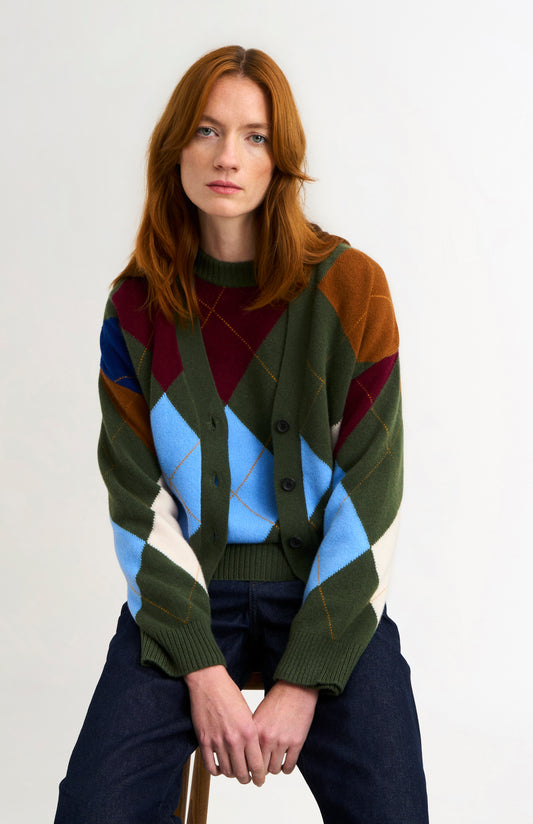 Women's Supersoft Lambswool Argyle Cardigan In Olive Green / Multi