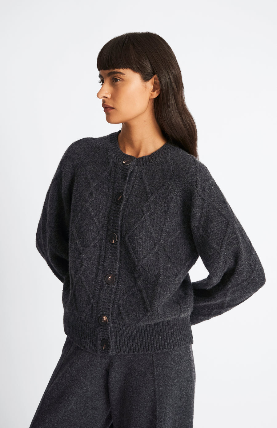 Pringle of Scotland Multi Texture Cashmere blend cardigan in Charcoal on model