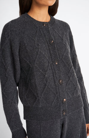Pringle of Scotland Multi Texture Cashmere blend cardigan in Charcoal showing button detail
