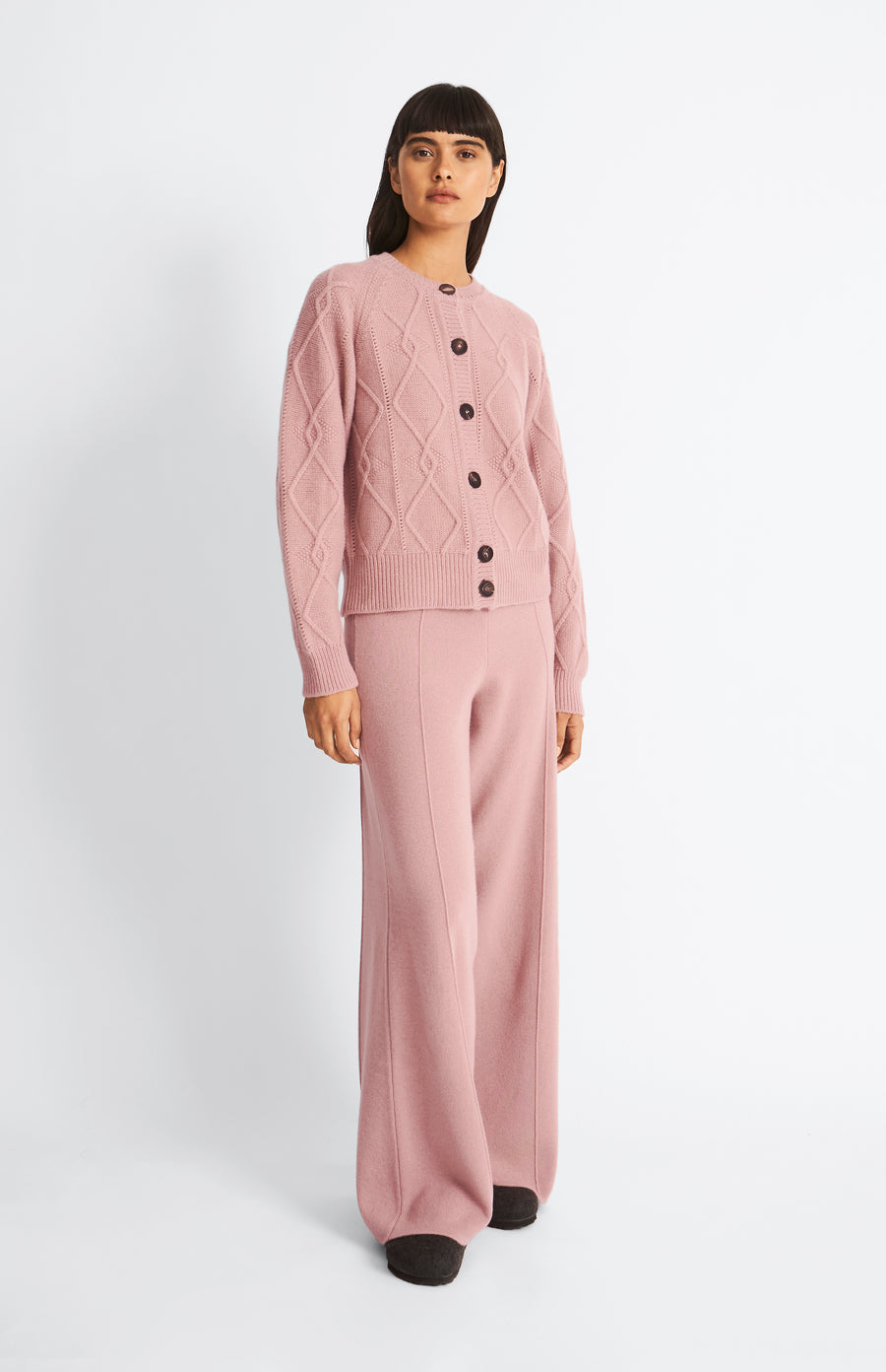 Pringle Multi Texture Cashmere blend cardigan in Dusty Pink on mode with matching trousers