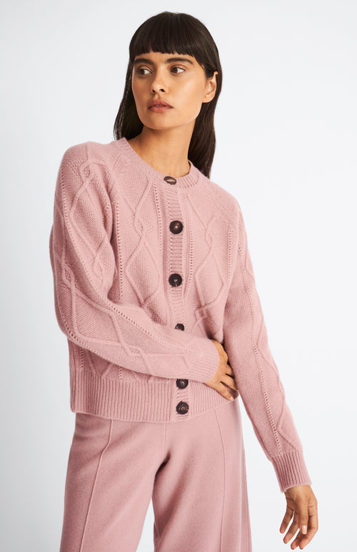 Pringle of Scotland Multi Texture Cashmere blend cardigan in Dusty Pink on model