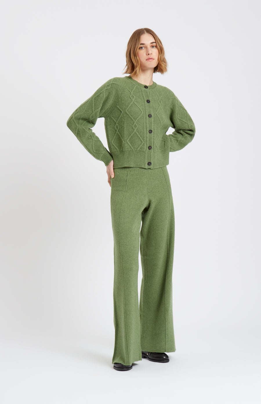 Pringle Multi Texture Cashmere blend cardigan in Wood Sage on model with matching trousers