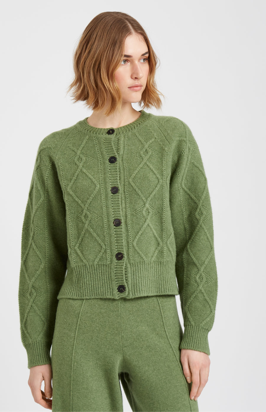 Pringle of Scotland Multi Texture Cashmere blend cardigan in Wood Sage on midel