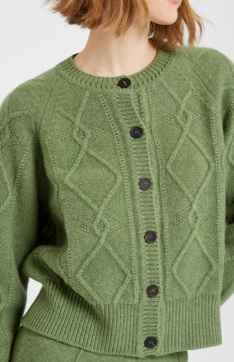Pringle of Scotland Multi Texture Cashmere blend cardigan in Wood Sage showing button detail