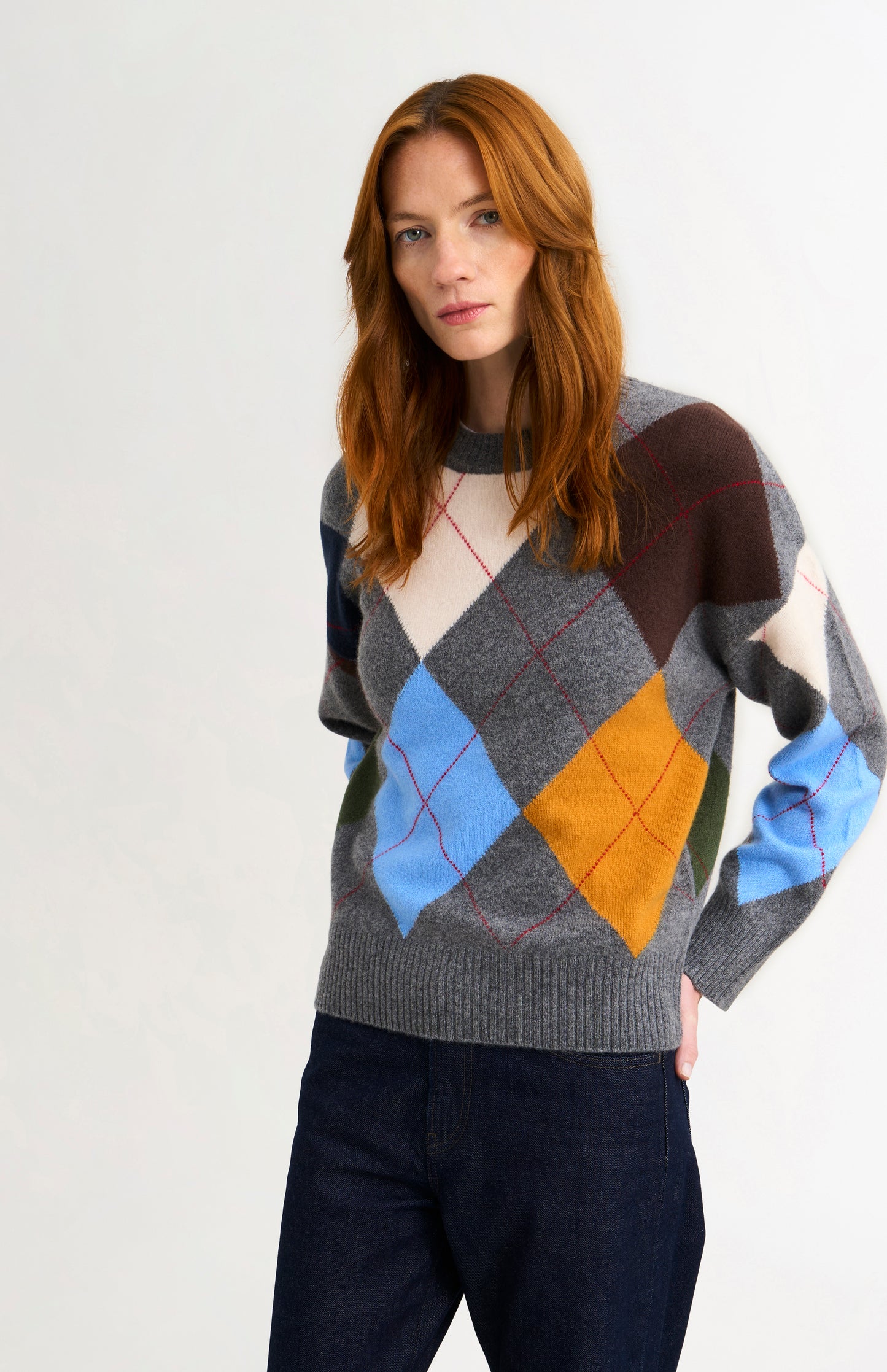 Pringle Women's Crew Neck Supersoft Lambswool Argyle Jumper In Charcoal / Multi