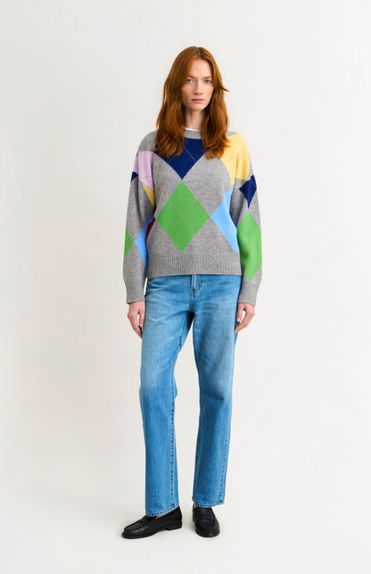 Women's Crew Neck Supersoft Lambswool Argyle Jumper In Grey Melange / Multi