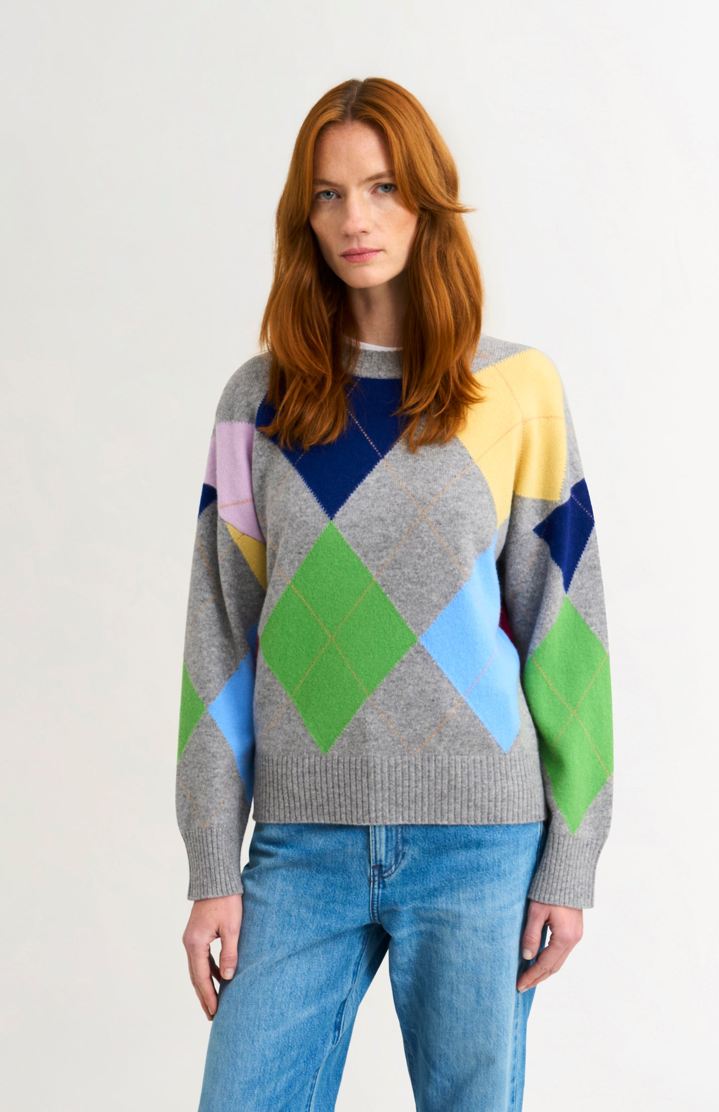 Women's Crew Neck Supersoft Lambswool Argyle Jumper In Grey Melange / Multi