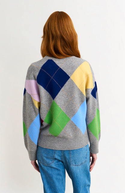 Women's Crew Neck Supersoft Lambswool Argyle Jumper In Grey Melange / Multi