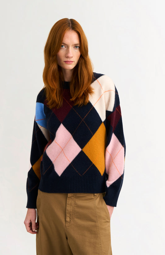 Women's Crew Neck Supersoft Lambswool Argyle Jumper In Navy / Multi