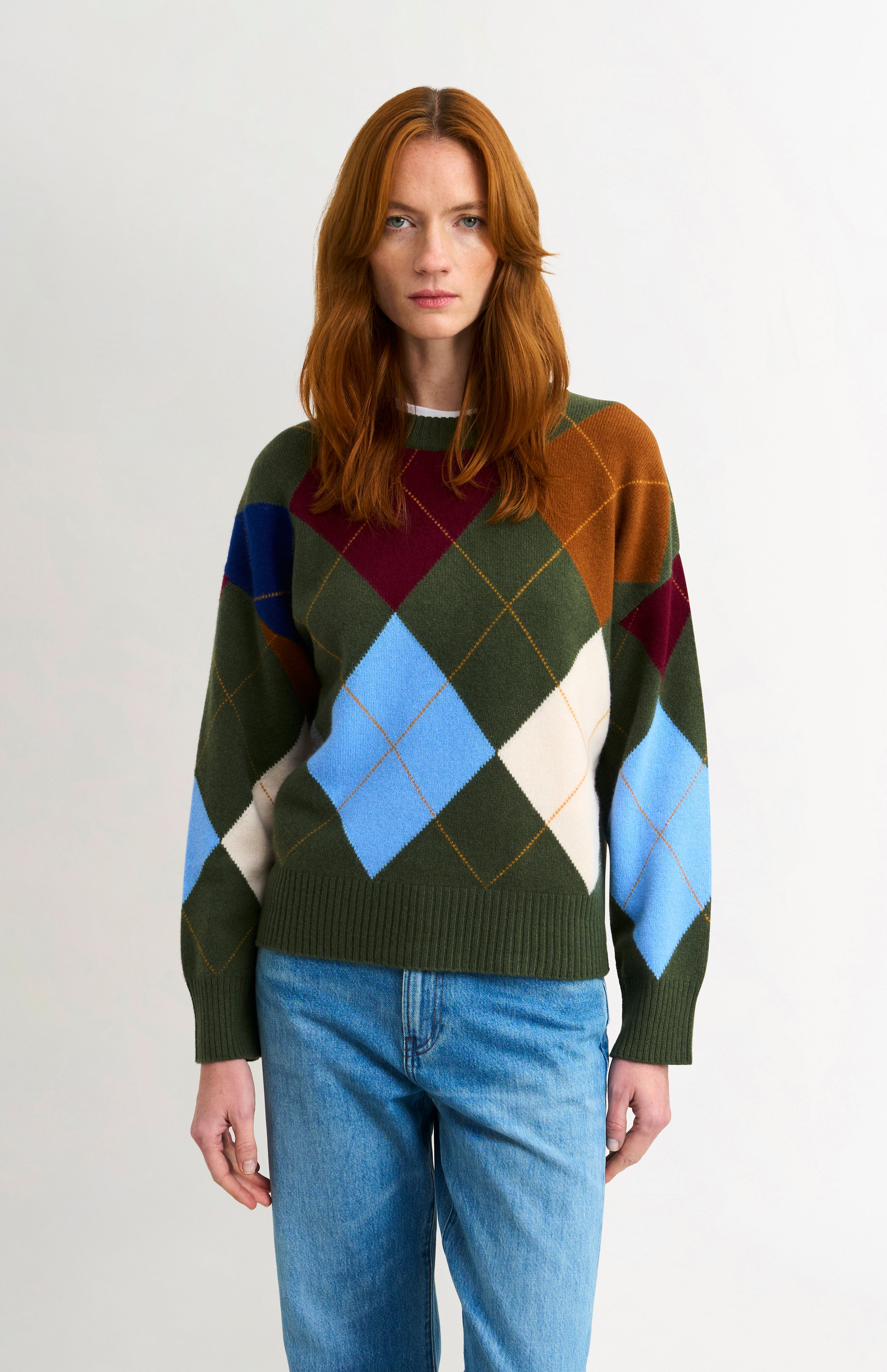 Women's Crew Neck Lambswool Argyle Jumper in Olive Green / Multi