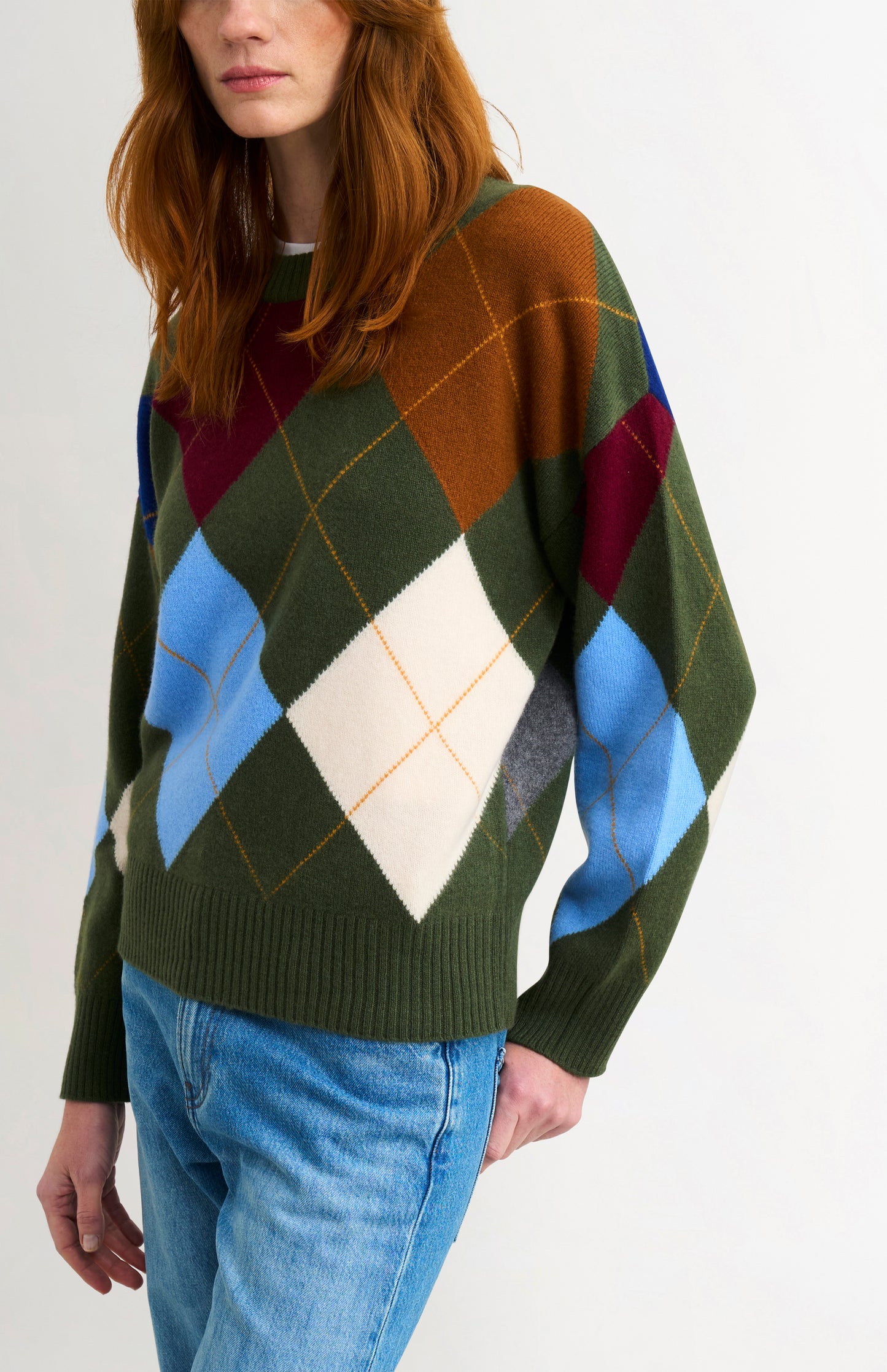 Women's Crew Neck Supersoft Lambswool Argyle Jumper In Olive Green / Multi