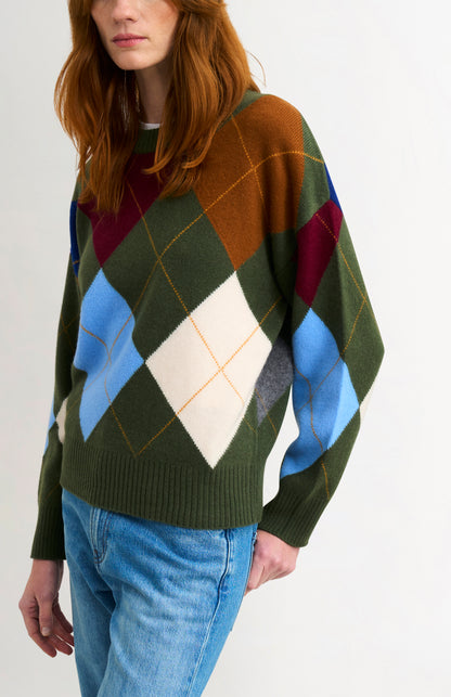 Women's Crew Neck Supersoft Lambswool Argyle Jumper In Olive Green / Multi