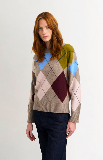 Women's Crew Neck Supersoft Lambswool Argyle Jumper In Mushroom / Multi