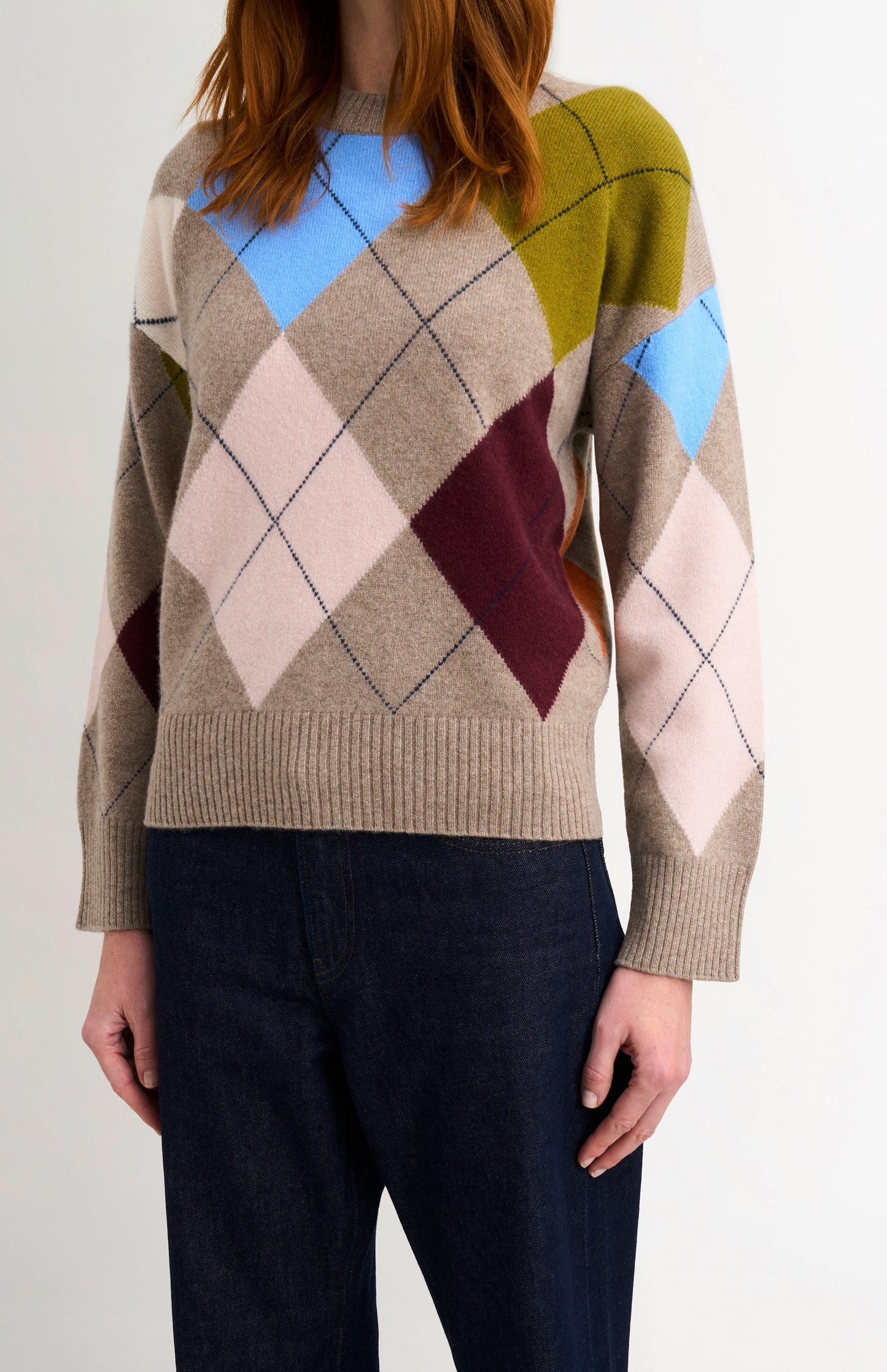 Women's Crew Neck Supersoft Lambswool Argyle Jumper In Mushroom / Multi