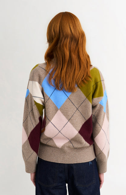 Women's Crew Neck Supersoft Lambswool Argyle Jumper In Mushroom / Multi