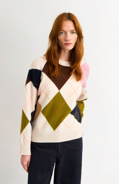 Women's Crew Neck Supersoft Lambswool Argyle Jumper In Ecru / Multi