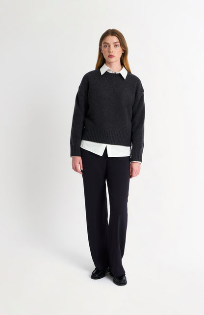 Women's Crew Neck Chunky Cashmere Jumper In Charcoal Mealnge