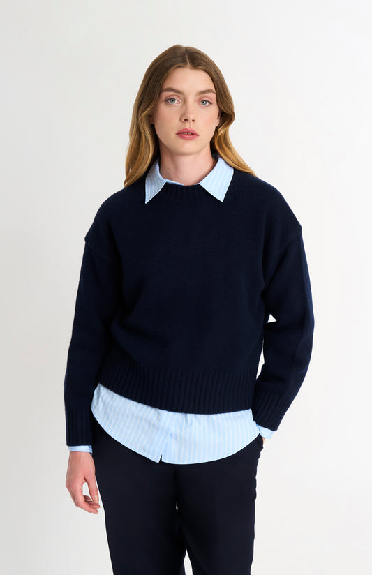 Women's Crew Neck Chunky Cashmere Jumper In Navy Blue