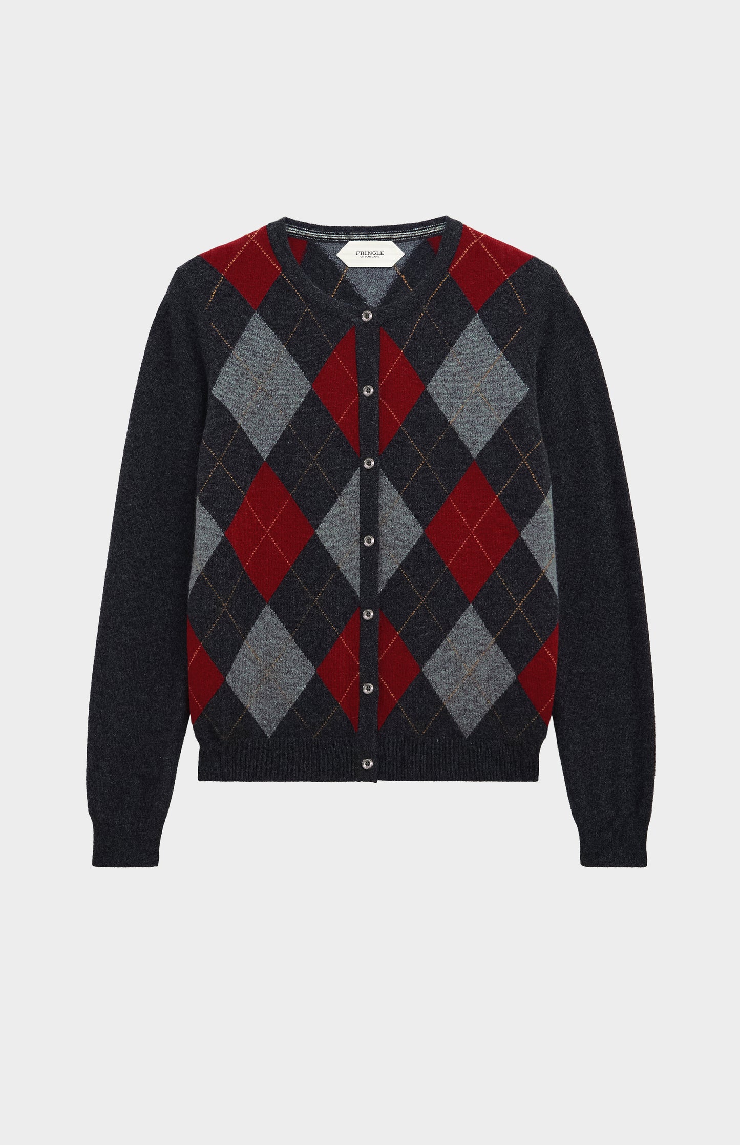 Women's Crew Neck Cashmere Argyle Cardigan In Charcoal / Red / Grey