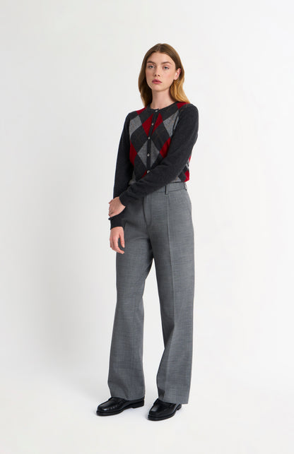 Women's Crew Neck Cashmere Argyle Cardigan In Charcoal / Red / Grey