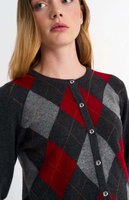 Women's Crew Neck Cashmere Argyle Cardigan In Charcoal / Red / Grey