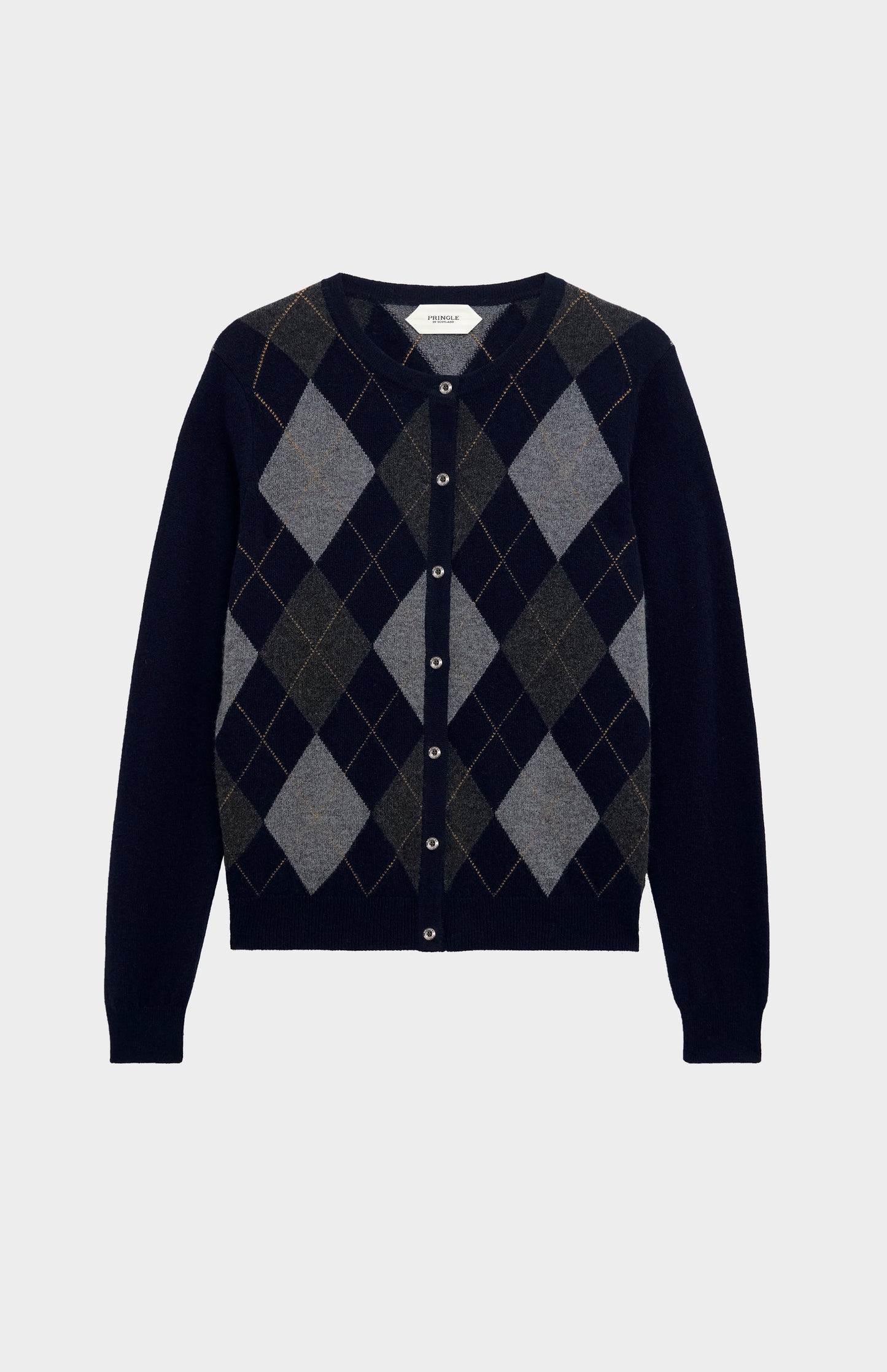 Women's Crew Neck Cashmere Argyle Cardigan In Brown / Navy / Grey