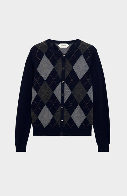 Women's Crew Neck Cashmere Argyle Cardigan In Brown / Navy / Grey