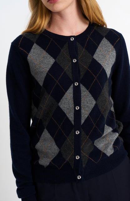 Women's Crew Neck Cashmere Argyle Cardigan In Brown / Navy / Grey