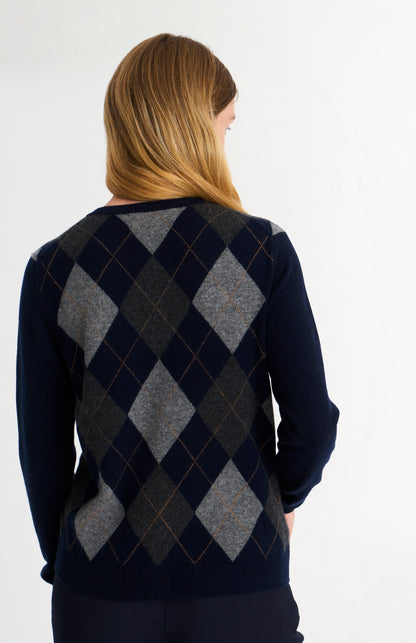 Women's Crew Neck Cashmere Argyle Cardigan In Brown / Navy / Grey