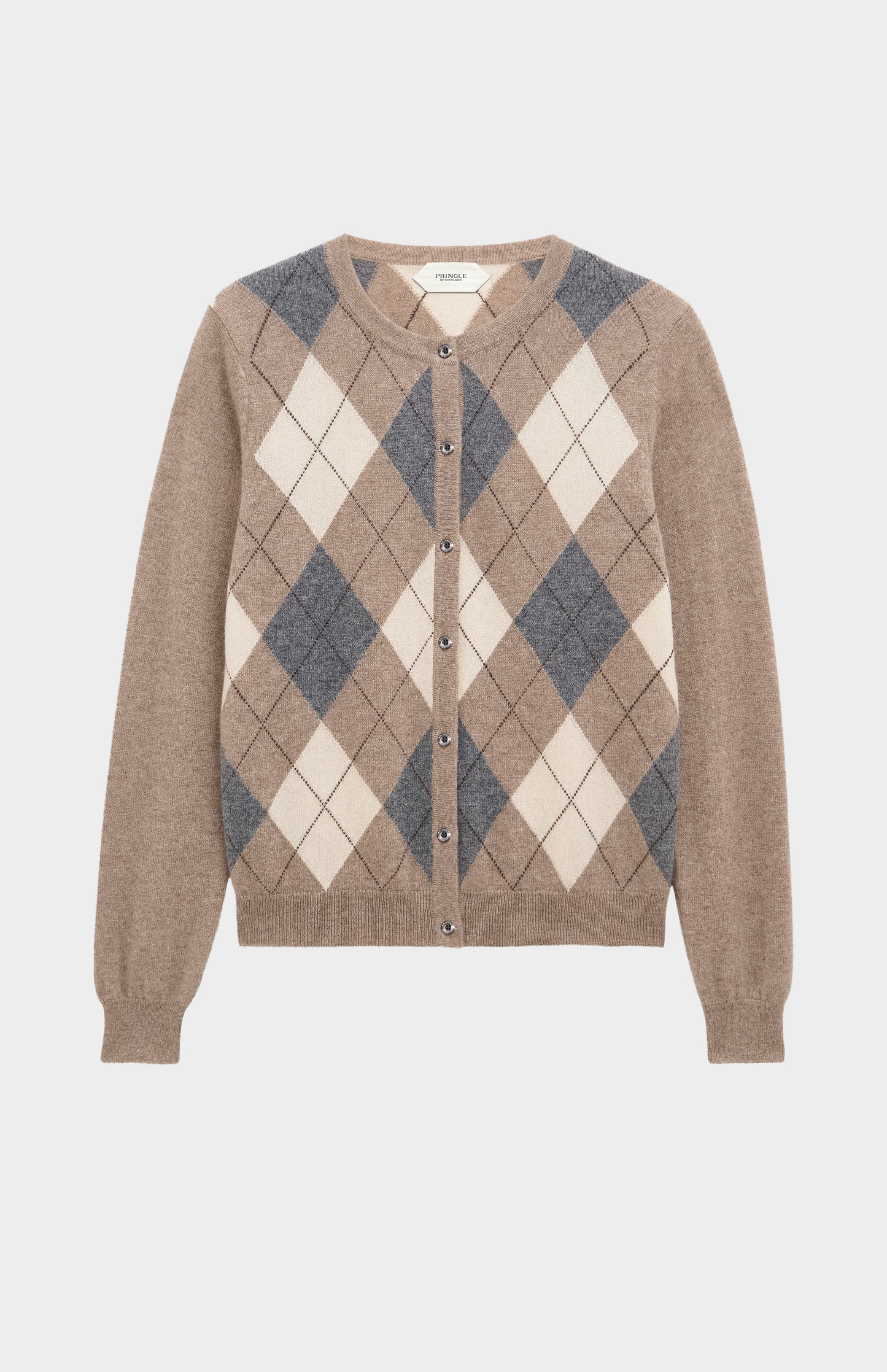 Women's Crew Neck Cashmere Argyle Cardigan In Mushroom / Grey / Yellow