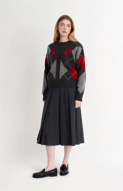 Women's Chunky All Over Argyle Cashmere Cardigan in Charcoal & Red