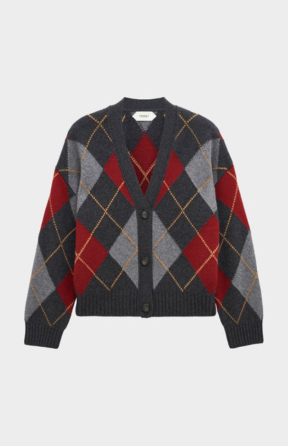 Women's Chunky All Over Argyle Cashmere Cardigan in Charcoal & Red