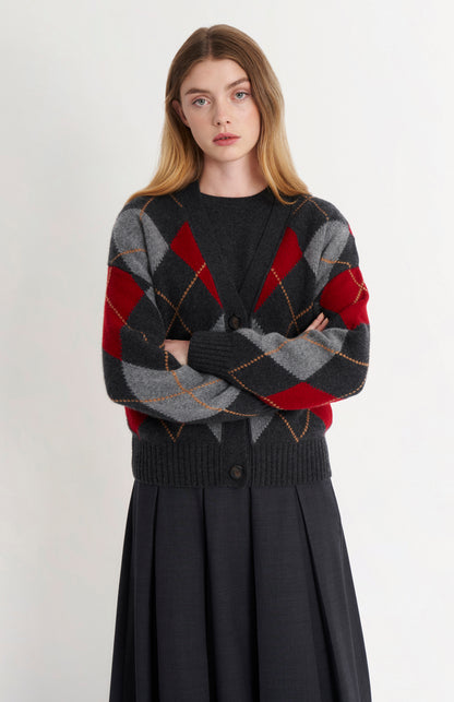 Women's Chunky All Over Argyle Cashmere Cardigan in Charcoal & Red